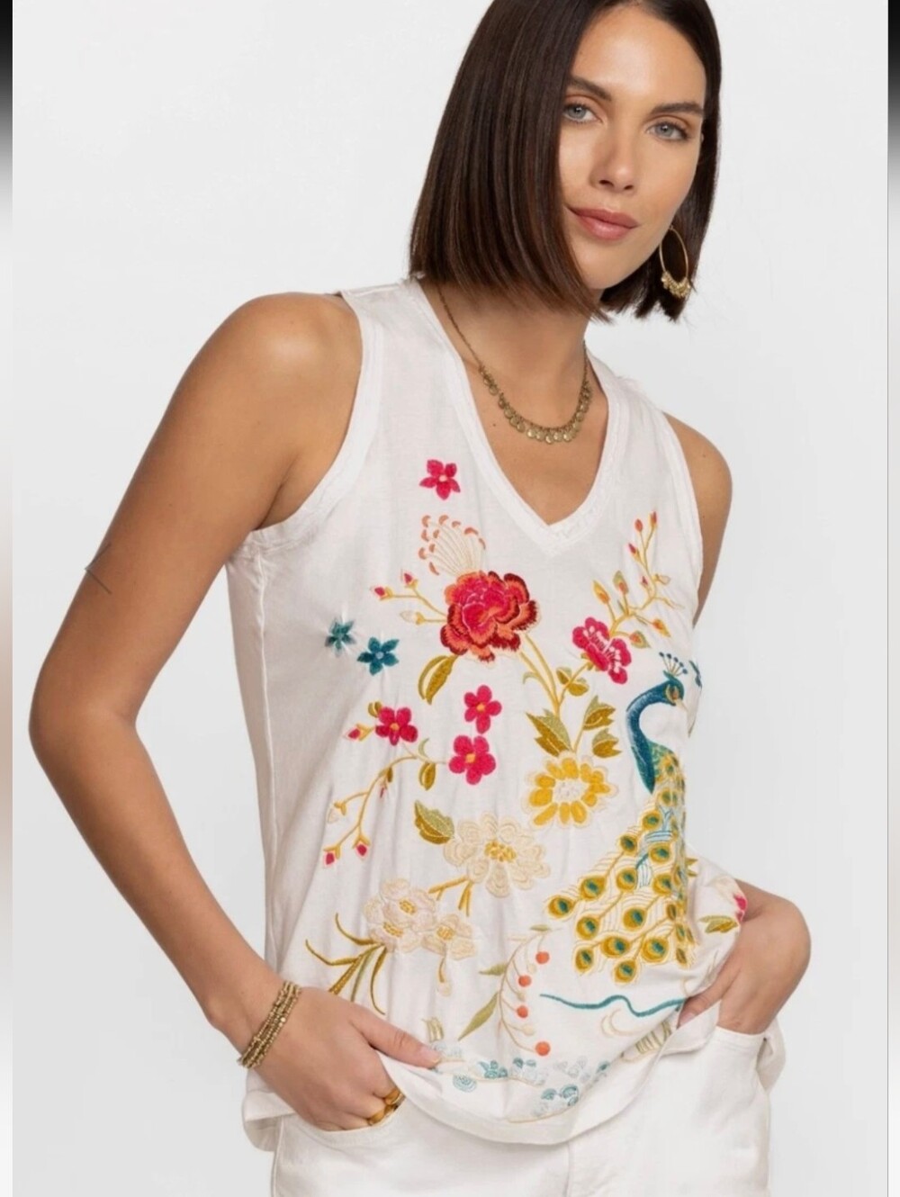 Johnny Was Celina Raw Edge V-Neck Tank Top Boho Chic Sz M